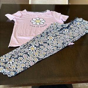 Life Is Good Pink Daisy Tee with Navy Floral Pajama Pants Set